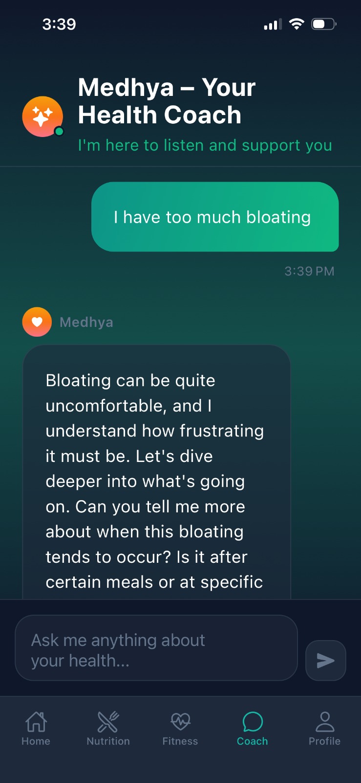 Medhya health coach conversation in the app